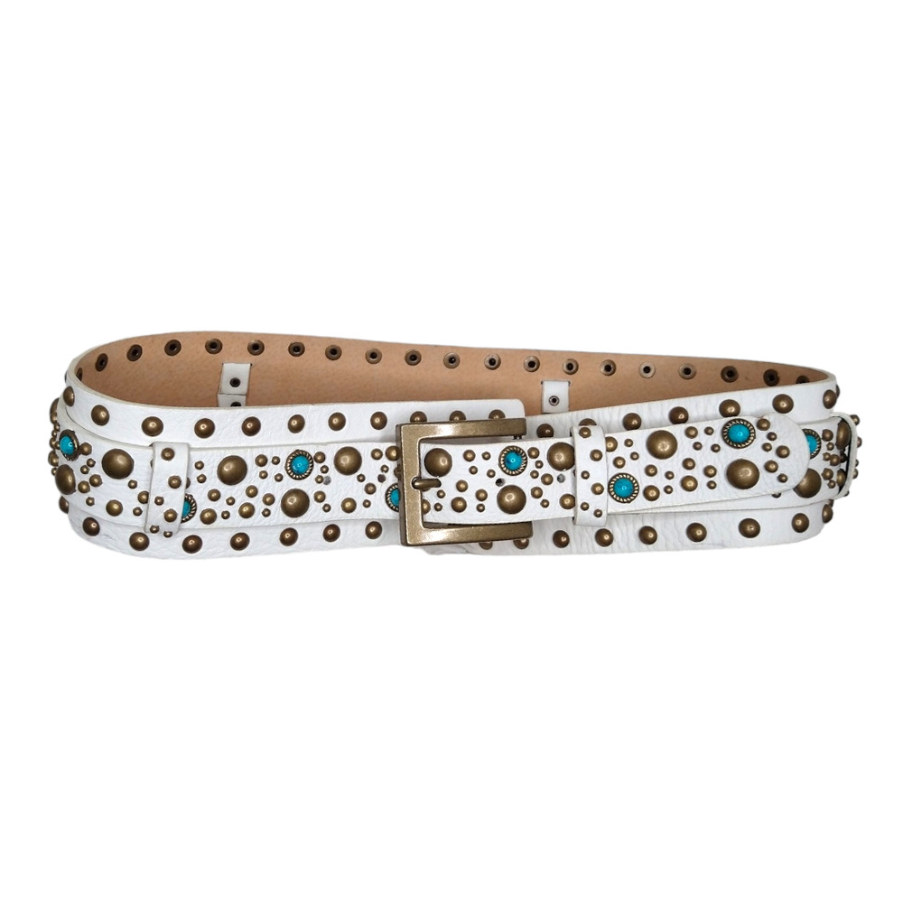 Y2K Vintage White Leather Studded belt size S Italian Leather Turquoise Gold